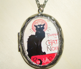 CHAT NOIR Necklace LOCKET Pendant Photo Holder Vintage Illustration French Black Cat