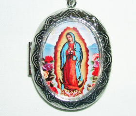 VIRGIN Of GUADALUPE Necklace LOCKET Pendant Photo Holder Vintage Illustration