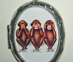NO EVIL MONKEYS Necklace Locket Pendant Three Wise Monkeys Vintage Illustration