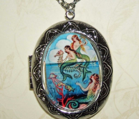 MERMAID Necklace LOCKET Mermaids Pendant Photo Holder Vintage Illustration