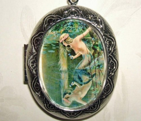 MERMAID Necklace LOCKET Mermaids Reflection Pond Pendant Photo Holder