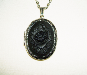BLACK ROSE Cameo Necklace Locket Pendant Victorian MOURNING Goth Design