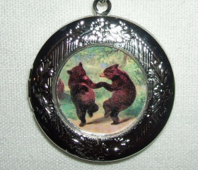DANCING BEARS Locket NECKLACE Pendant Altered Art 