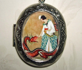 The DRAGON FEEDER Locket Pendant NECKLACE Altered Art 