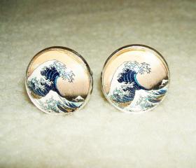 The GREAT WAVE Cuff Links Men Women CUFFLINKS Jewelry Vintage Japanese Block Print Altered Art