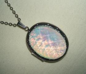 OPAL Effect Necklace LOCKET Pendant Photo Holder GORGEOUS Opalized Faceted Stone