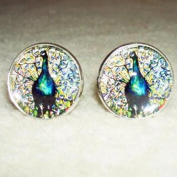 Stained Glass PEACOCK Cuff Links Men Women CUFFLINKS Jewelry Altered Art Bird Feather